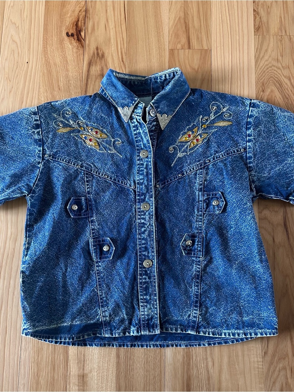 Vtg 80s 90s Pop Kids Denim 2 Pc Set Acid Wash Ruffle Skirt Butterfly Western 12 - Picture 2 of 16